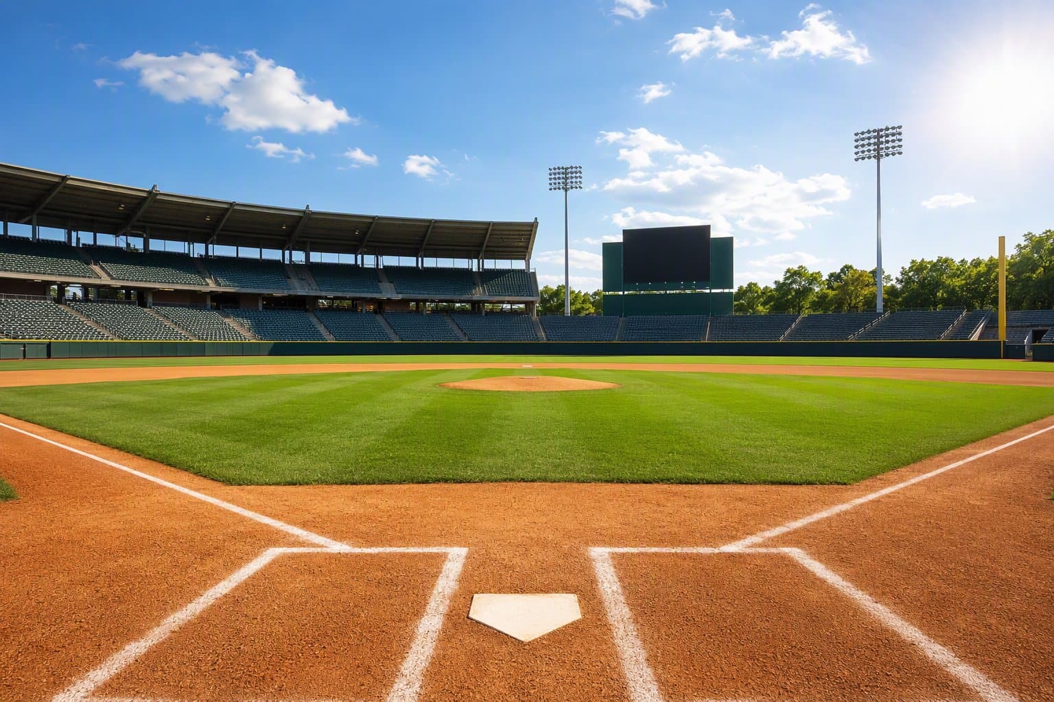 empty sunlit baseball field - illustration, Jake Team LLC