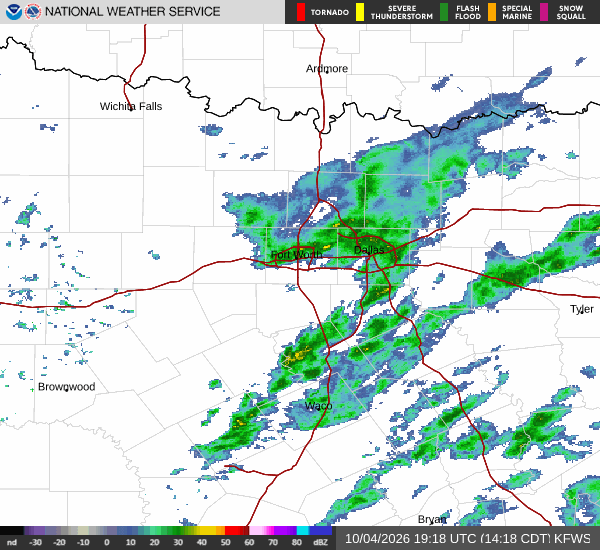 Latest National Weather Service radar for North Texas (KFWS radar). Source: radar.weather.gov.