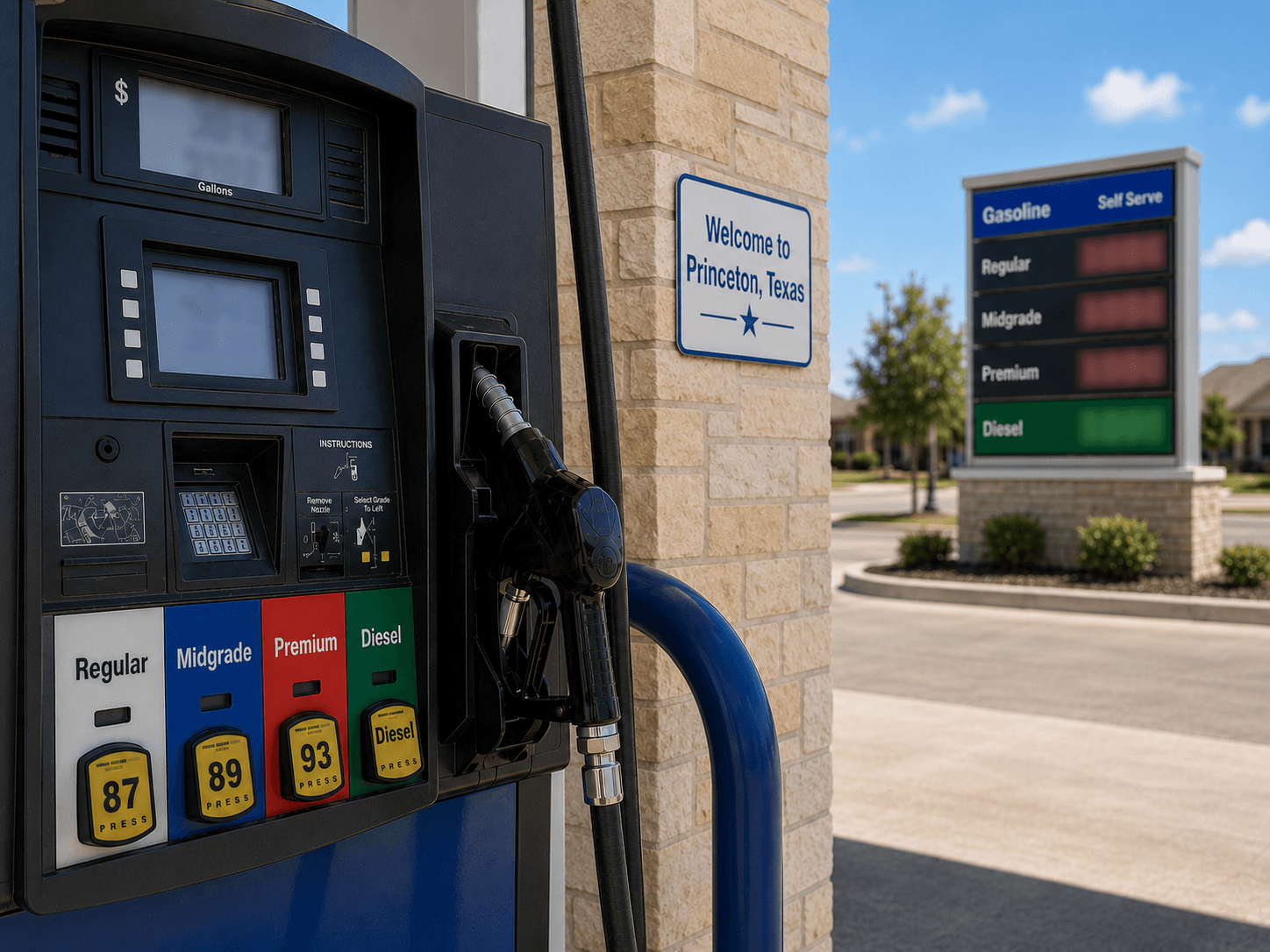 Gas prices at the pump in Princeton Texas - Illustration by Jake Team LLC